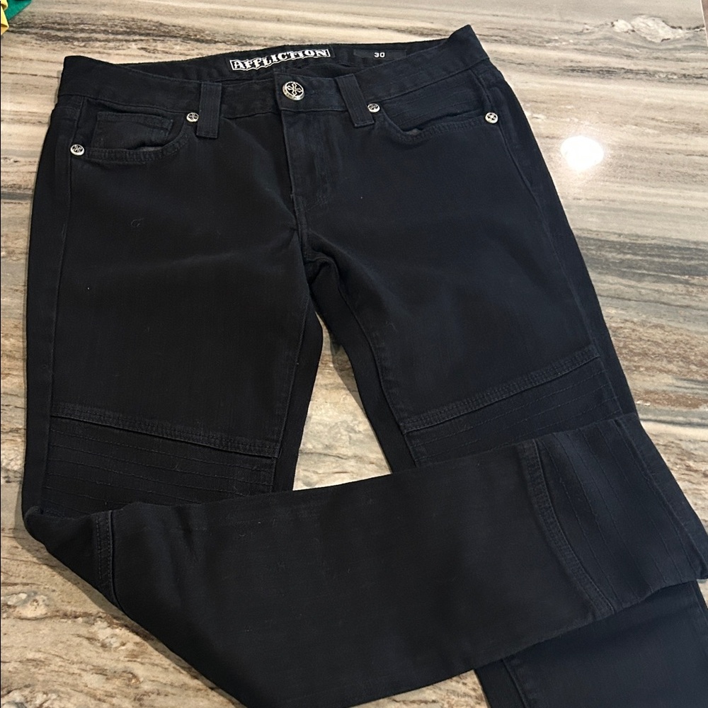 Affliction Women's Dark Black Skinny Jeans zipped ankle skinny moto EUC Sz 30